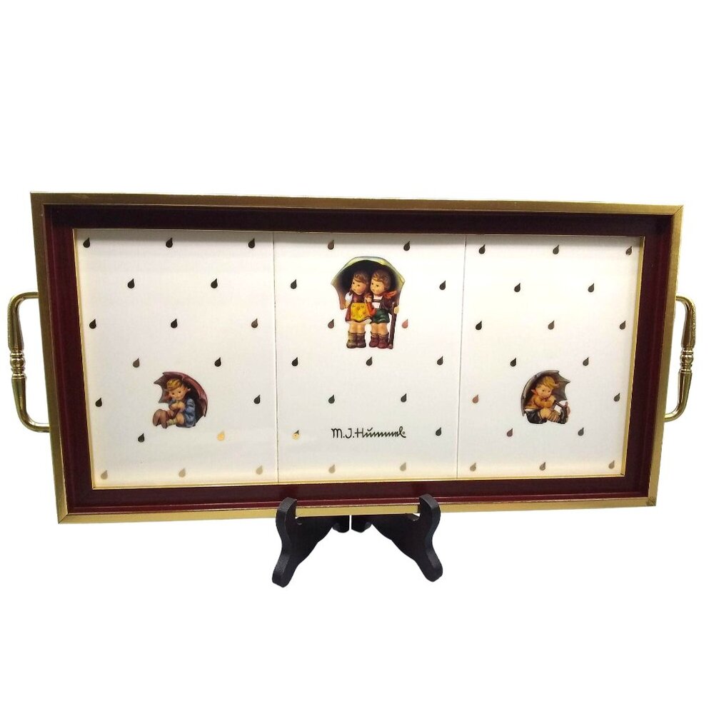 M.J. Hummel Wooden Serving Tray With Porcelain Inlay & Handles 19" x 8.5" x 1.5"